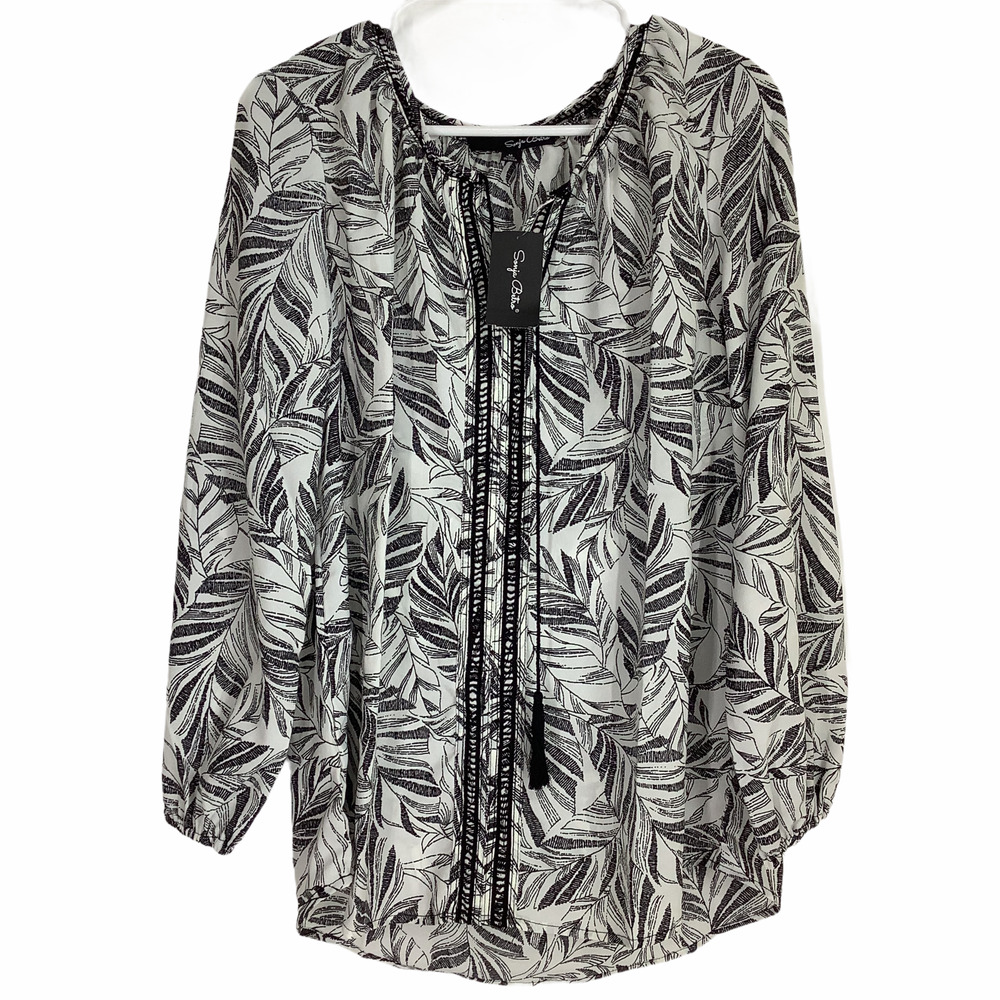 Sonja Betro Black & White Tassel Tie Leaf Blouse M - Picture 2 of 9